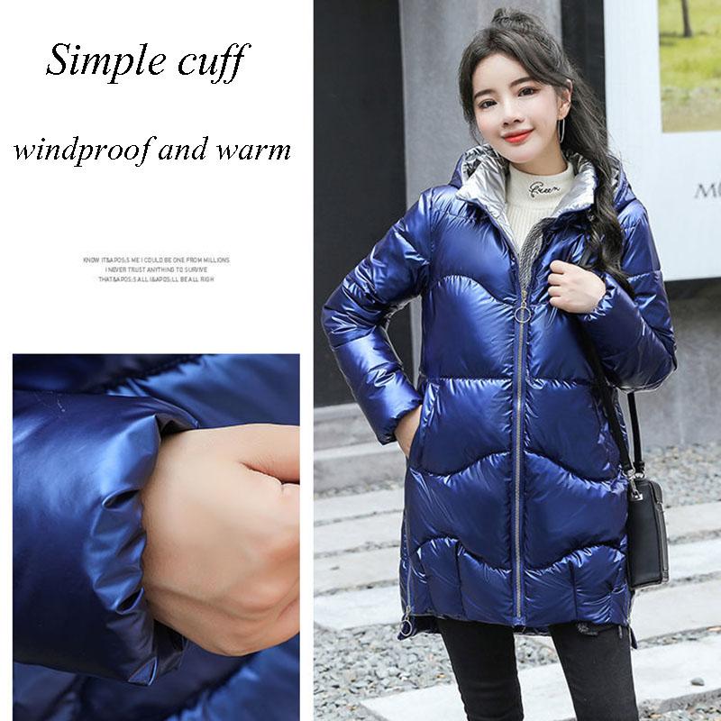 Winter Women Mid-length Parkas Jackets Casual Female Thicken Warm Hooded Jackets Coat Windprood Shiny Parka Coat with Fur Collar