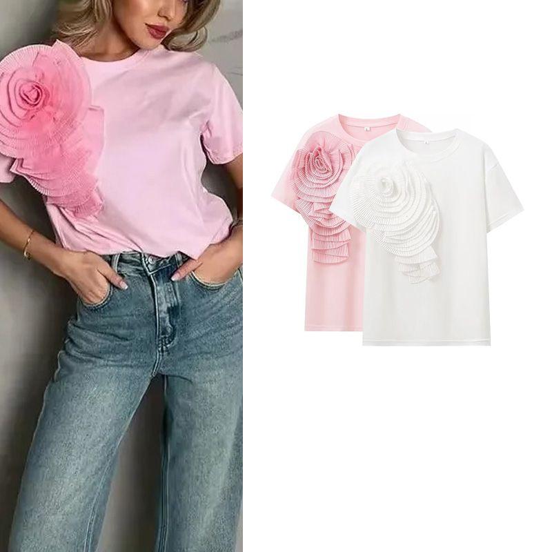 Spring New Women's Clothing French Sweet Casual Easiest for Match O-neck Short Three-Dimensional Flower Pure Color Short Sleeve T-shirt