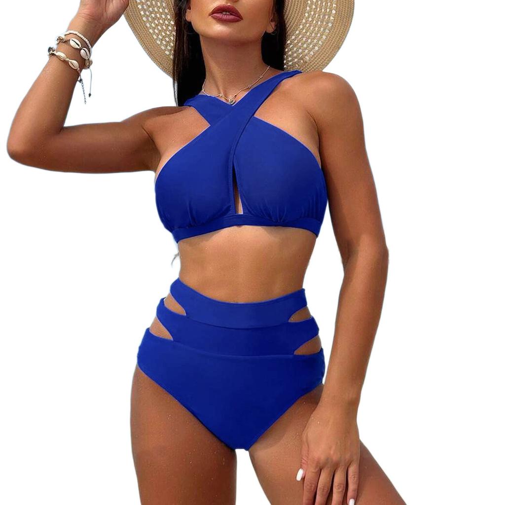 European And American New Bikini Split 2-Piece Suit Sexy Backless Cross Belt Solid Color Swimsuit Women