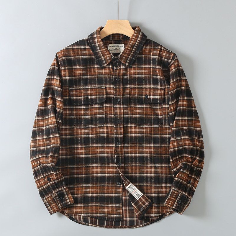 American Retro Brushed Plaid Casual Shirt, Export Cut Label Men's Trendy Workwear Long-Sleeve Shirt Jacket