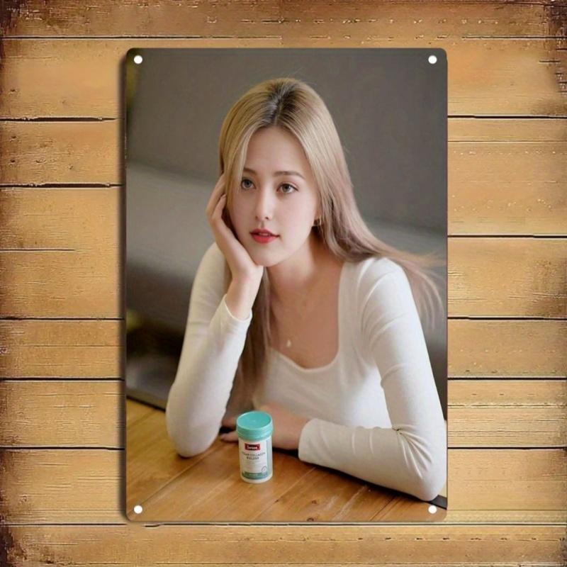 [Brand] Retro Vintage Metal Sign - 2D Wall Art Home Decor with Elegant Woman Portrait, Rustic Minimalist Advertising Sign