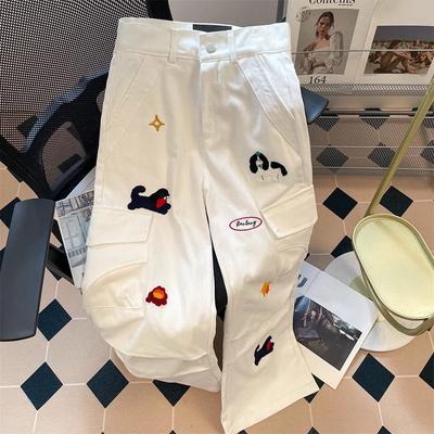 Cartoon Stickerei High Waist Cargohose Damen Große Tasche Locker Lässig Denimhose Damen Streetwear Weiß Gerade Hose