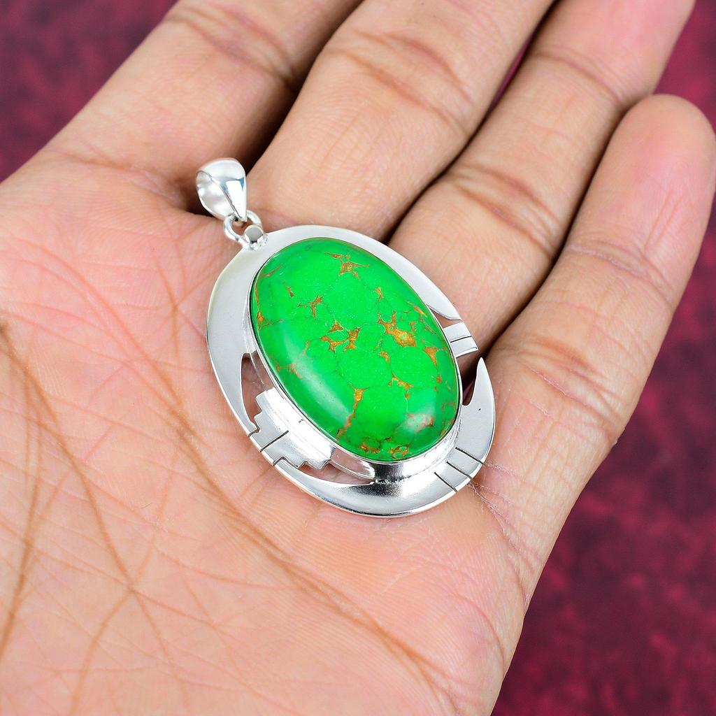 Green Copper Turquoise Pendant, 925 Sterling Silver Pendant Gemstone Jewelry, Handmade Pendant Amazing Jewelry, Gift For Her