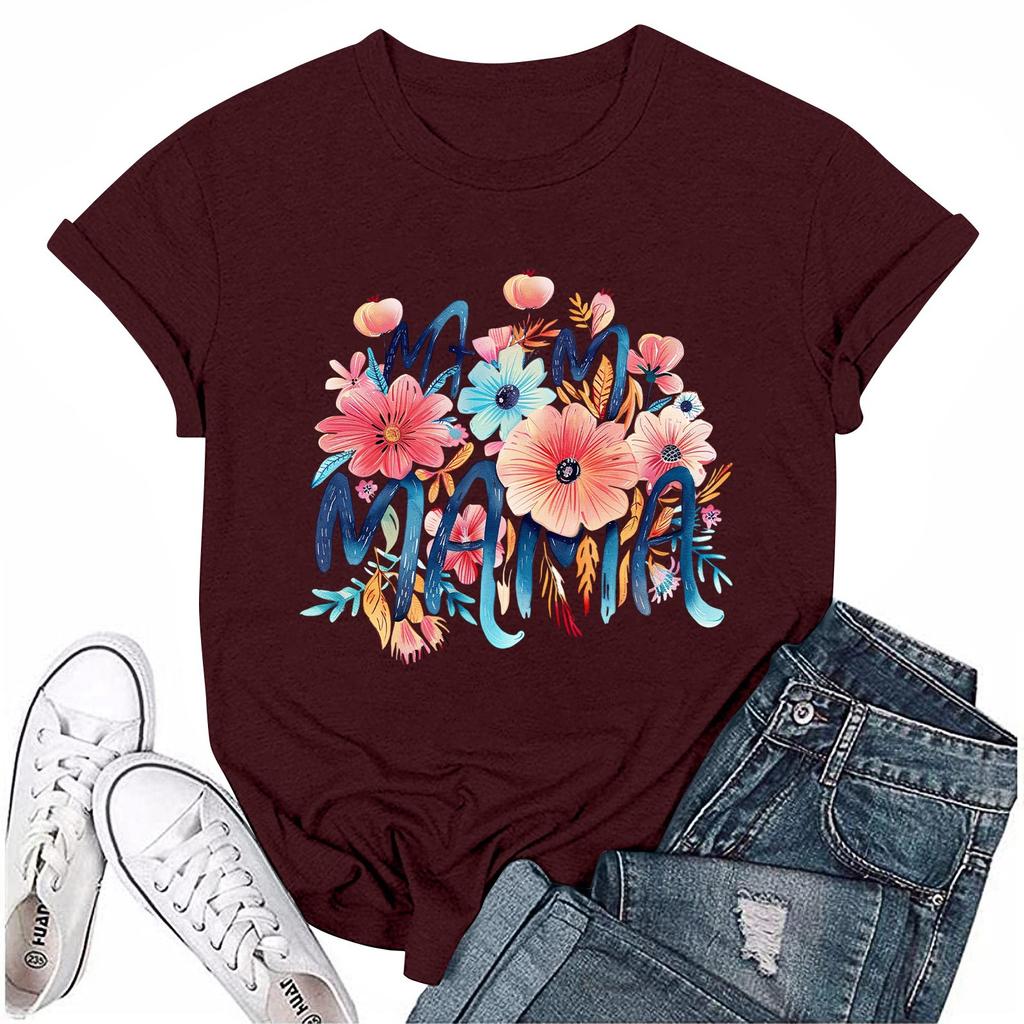 Damen Top Rundhals Lässig Bedrucktes Kurzarm T-Shirt Top