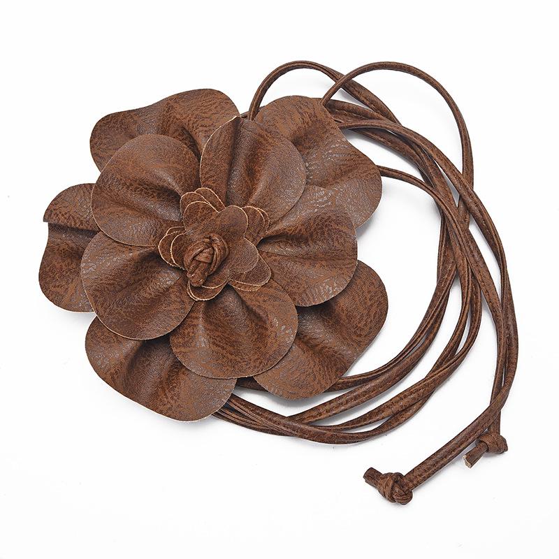 Bohemian Style PU Leather Floral Waist Tie Belt with Bow