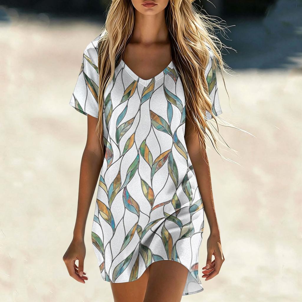 Women's Casual V Neck Short Sleeve Dress Vintage Printed Summer Loose Fit Lightweight Soft Fabric Comfortable Wear