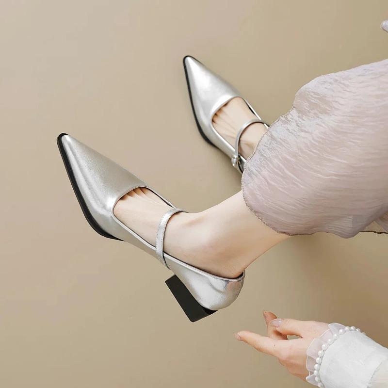 Woman Fashion Pointy Mary Jane Shoes 2025 Spring New Elegant Pumps Female Sexy Pointed Toe High Heels Thick Heel Party Shoes