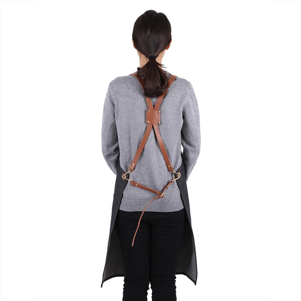 Denim Bib Apron Leather Strap Baker Bartender BBQ Chef Work Cook Uniform A