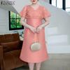 ZANZEA Elegant Women V Neck Short Sleeve Lace Patchwork Smooth A-line Dress Nonelastic