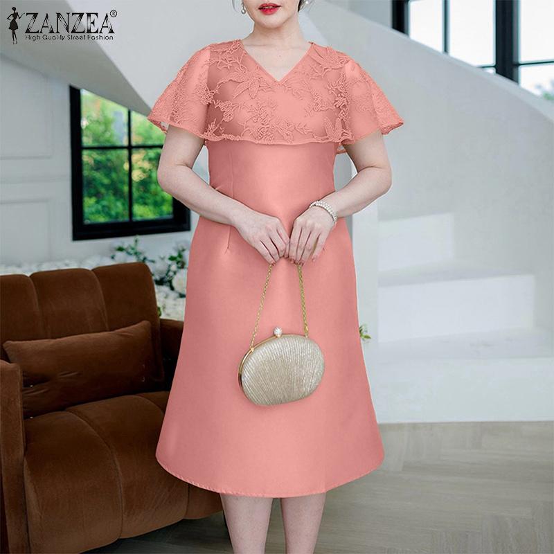 ZANZEA Elegant Women V Neck Short Sleeve Lace Patchwork Smooth A-line Dress Nonelastic