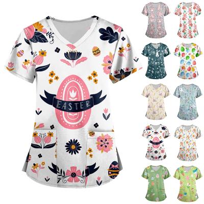 Moda feminina com decote em V manga curta workwear com bolsos estampados tops