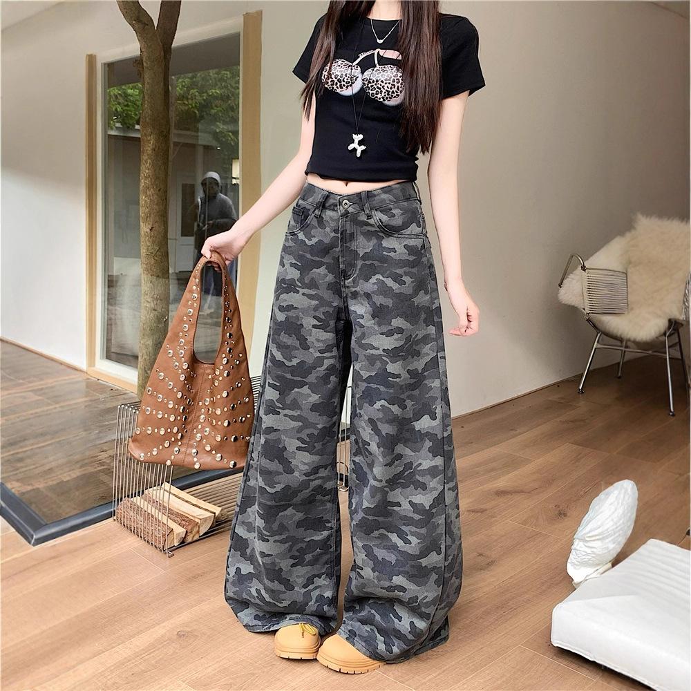 Camouflage Print Wide Leg Jeans American Camouflage Wide-leg Pants Women's Pants Pear-shaped Body Loose and Thin High Waist Wide-leg Jeans Women's
