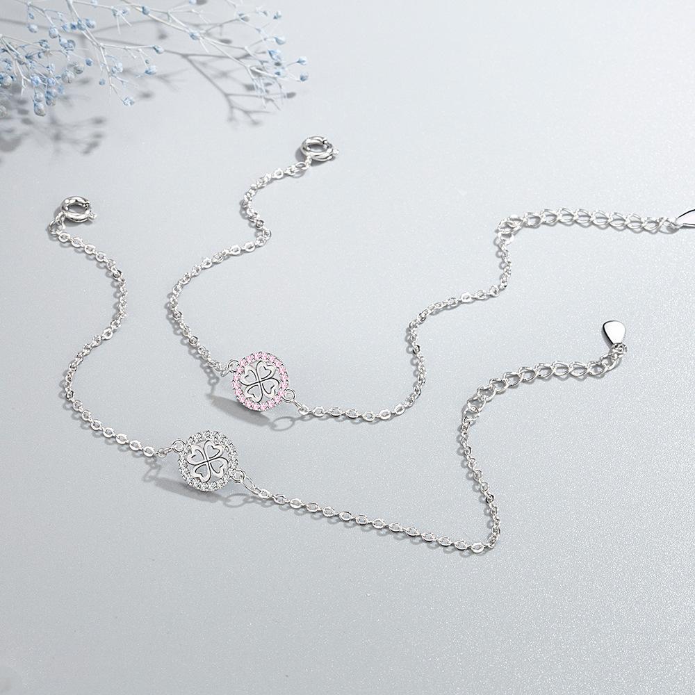 Pink Diamond Leaf Temperament Lucky Four-leaf Bracelet, Girls, Hand Jewelry