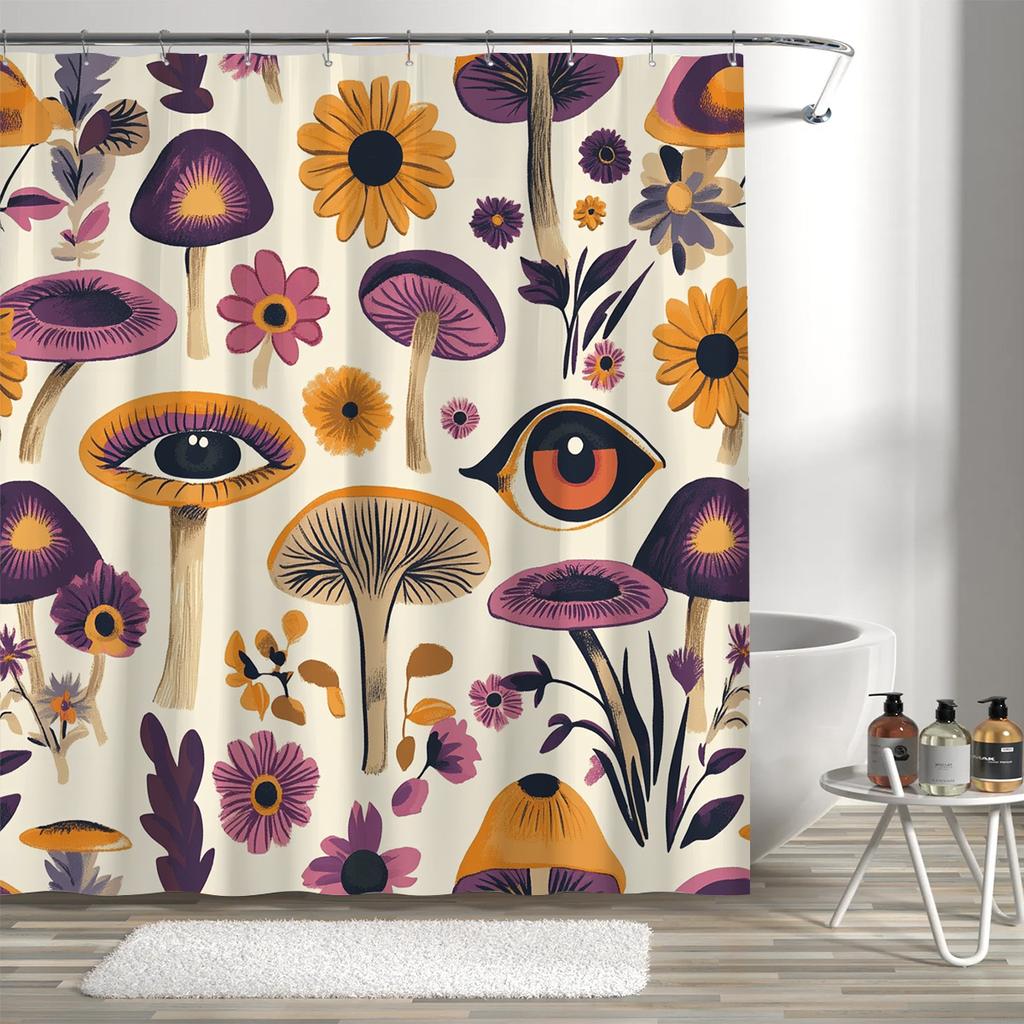 1-pack bright mushroom and floral print polyester shower curtain, beautiful design, perfect for home bathroom decoration