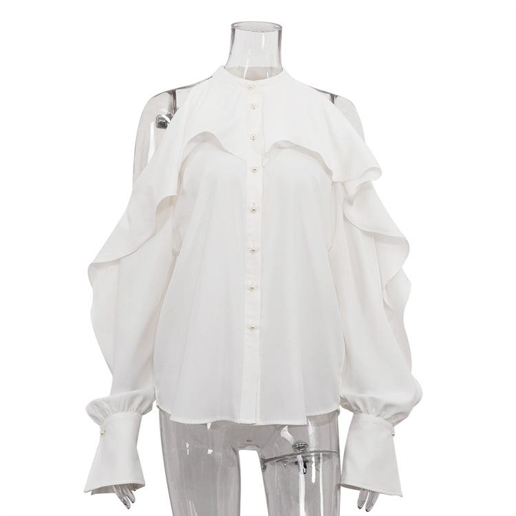 Sexy Loose White Women's Shirt Fashion O-Neck Off Shoulder Long Sleeve Shirts Elegant Classic Ruffle Top Female Clothing