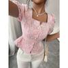 Square Neck Summer Women Floral Sweet Women Blouse Puff Sleeve Elegant Tops Slim Fit Fashion Casual Single-breasted Short Shirts for Women