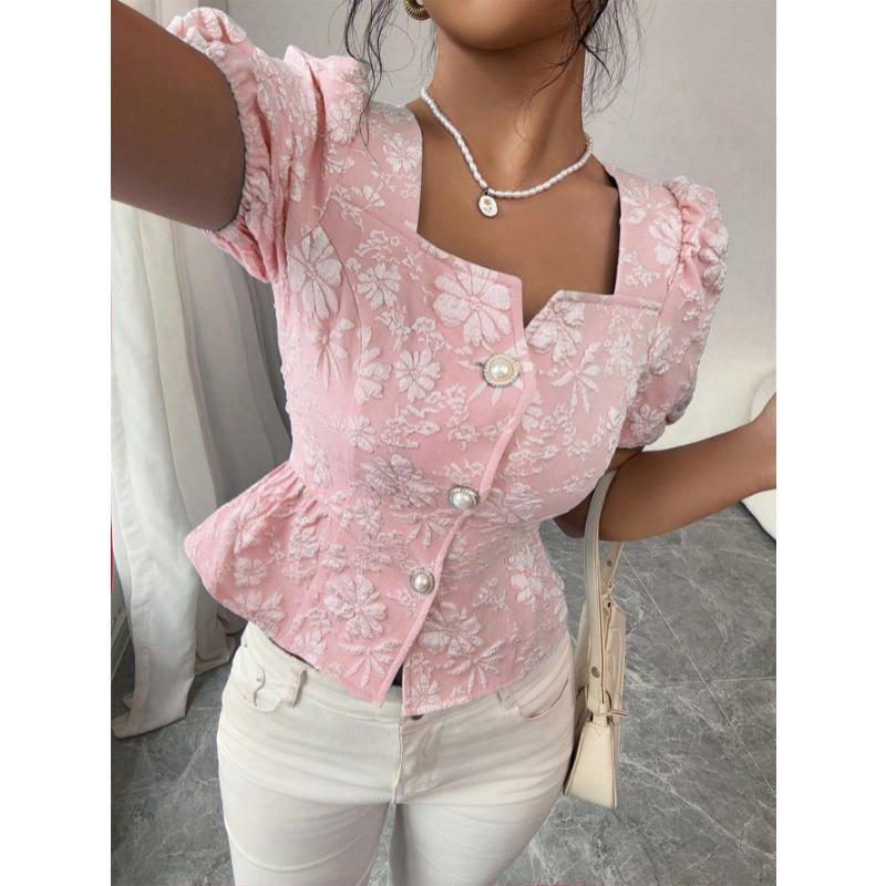 Square Neck Summer Women Floral Sweet Women Blouse Puff Sleeve Elegant Tops Slim Fit Fashion Casual Single-breasted Short Shirts for Women
