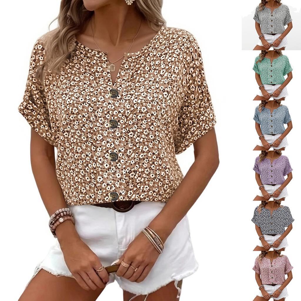 Women's Short Sleeve Pullover Top Floral Print Button Detail Casual Loose Fit Lightweight Blouse for Spring Summer Autumn