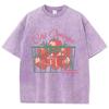 Strawberries Cotton Washed T-Shirt Womens Fresh Fruit Printing T Shirts O-Neck Oversized Acid Wash Tops Womans