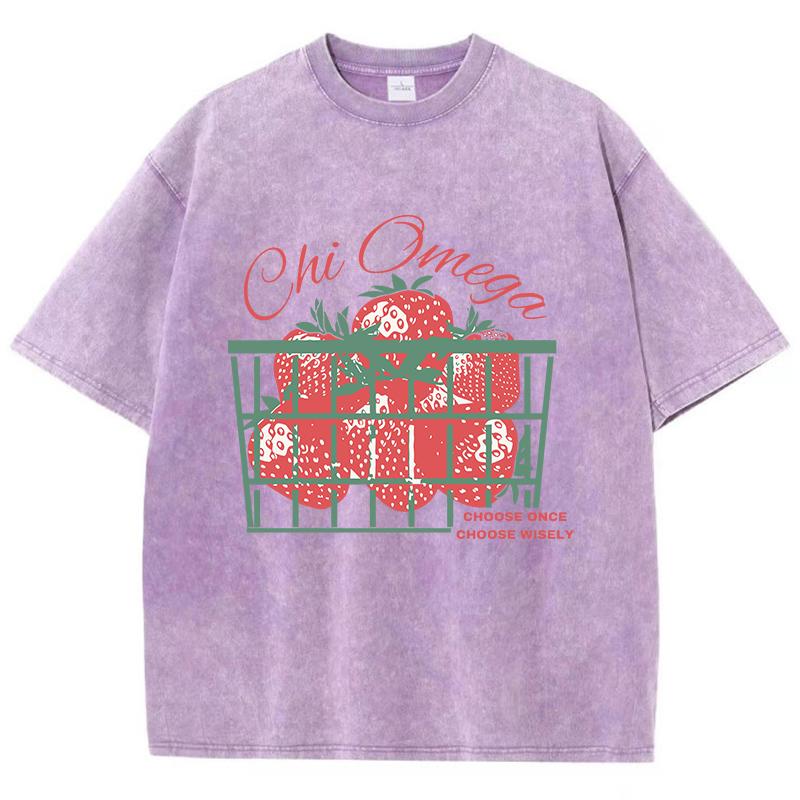 Strawberries Cotton Washed T-Shirt Womens Fresh Fruit Printing T Shirts O-Neck Oversized Acid Wash Tops Womans