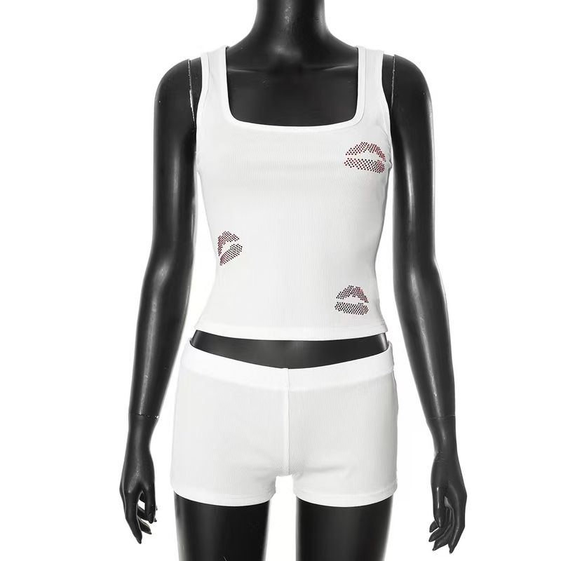 

European and American Sexy Hot Drilling Sling Vest Shorts Set Diamond Studded Vest Shorts Set White L