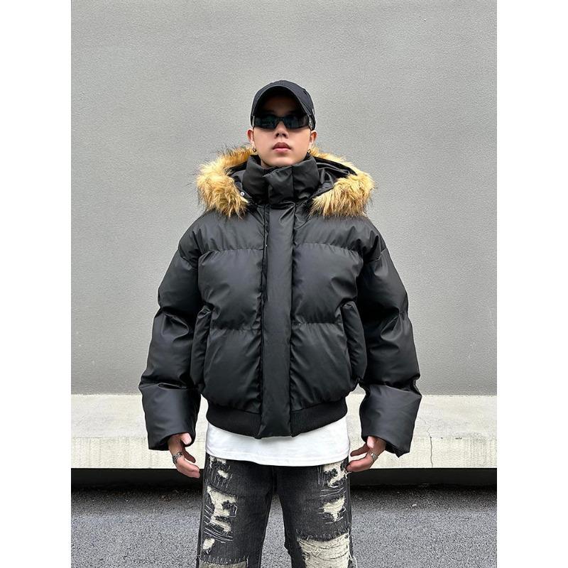 Couple's Winter Leather Down Jacket: Short, Loose, Thickened with Large Fur Collar and Hood.