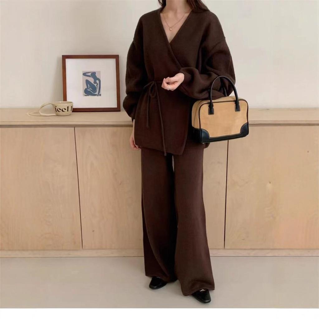 New fashion foreign trade set, women's autumn/winter new elegant loose belt belt knit cardigan wide-leg pants two-piece set