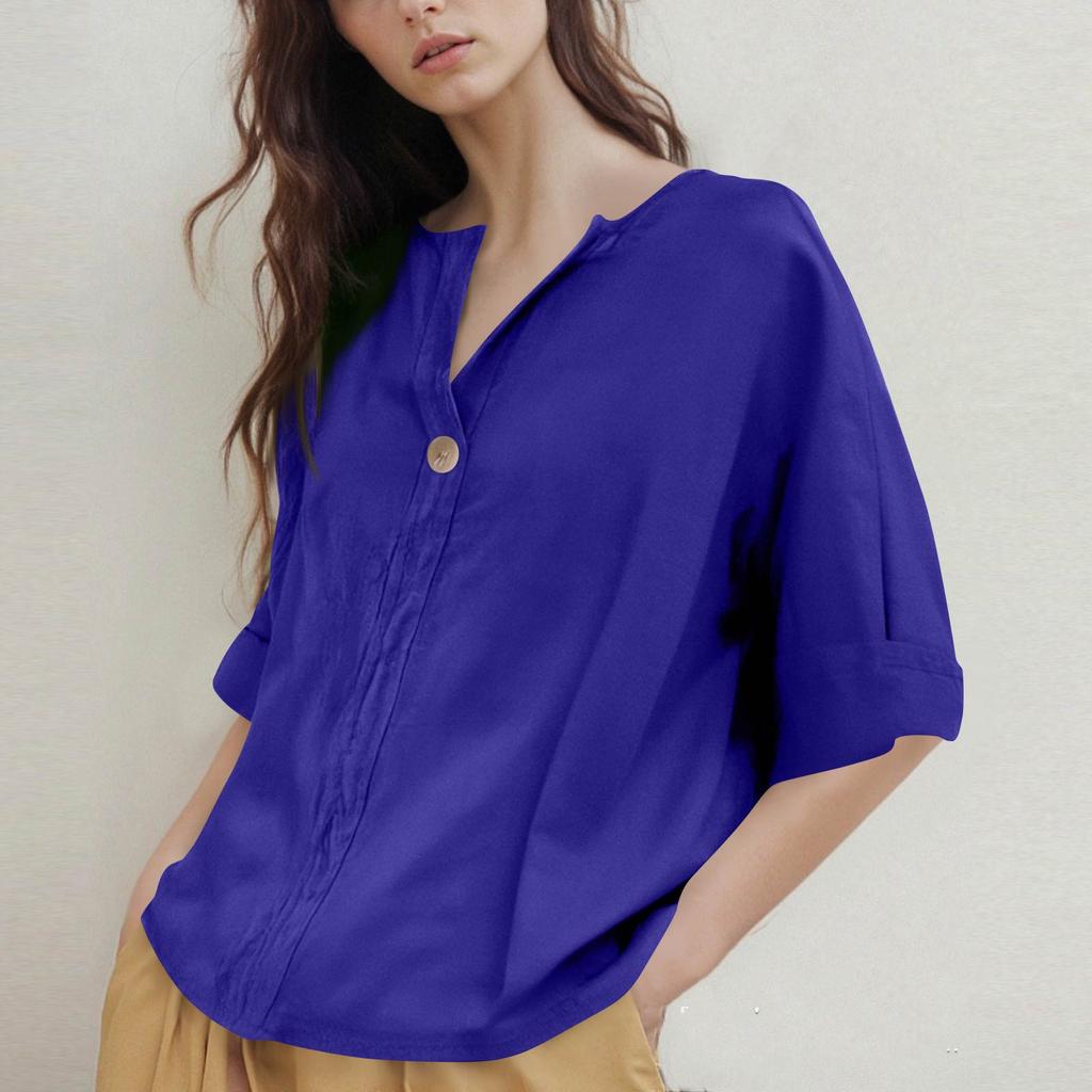 Women’s Loose Fit Linen Blouse Half Sleeve Button Front Casual Lightweight Tunic Top Comfortable Relaxed Fit Shirt