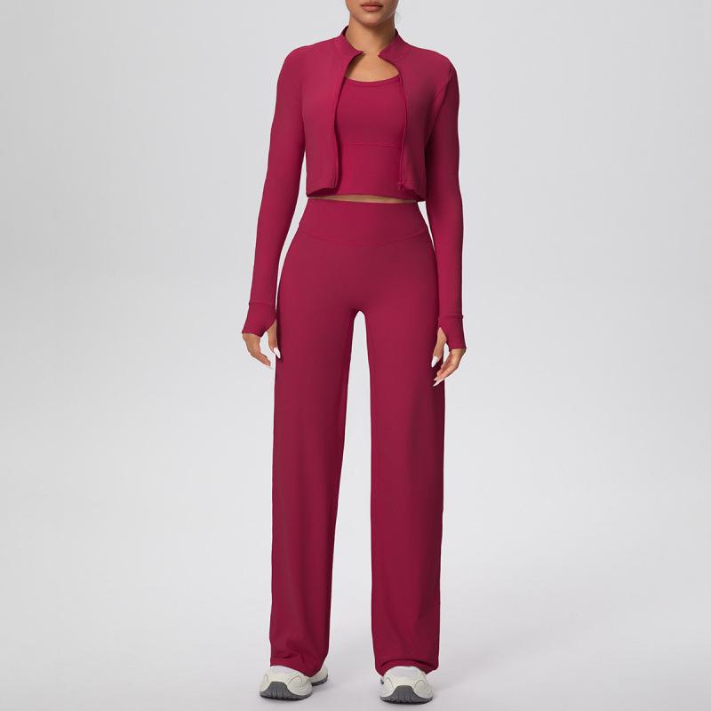 

Bare-Feel 3-Piece Yoga Set: Backless Vest, High-Waisted Wide-Leg Pants, Tight Zip Long-Sleeve Jacket. Medium