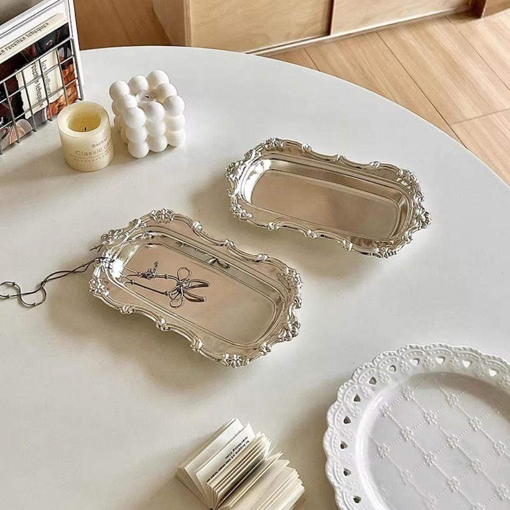 European Style Vintage Embossed Tray Gold/Silver Embossed Design Desserts Plate Stainless Steel Sturdy Retro Serving Platter