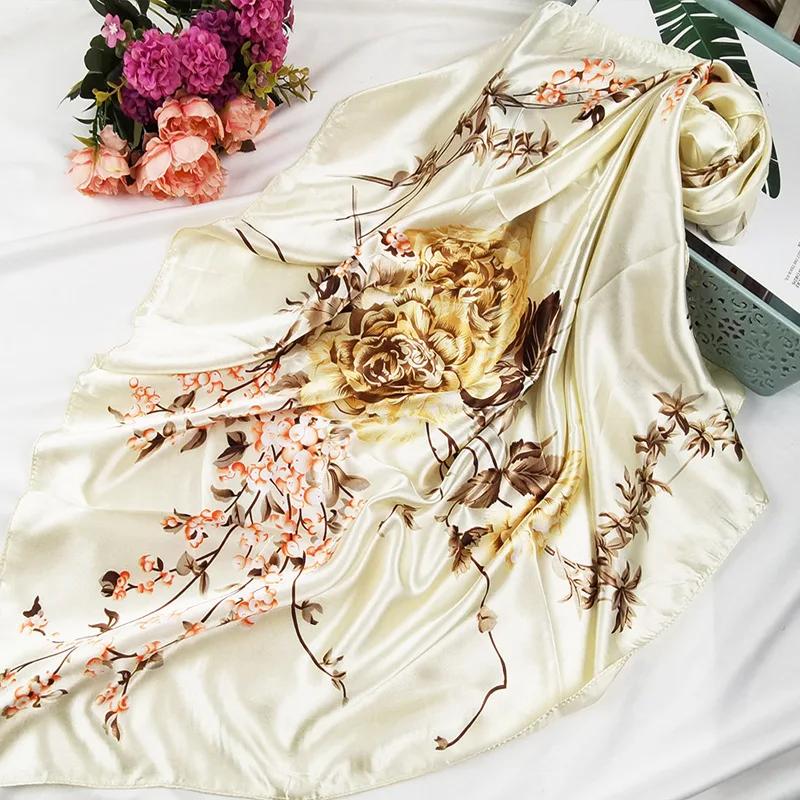 90cm Neckerchief Silk Satin Women Hijab Scaves Fashion Floral Print Headband Neck Scarfs Female Square Shawls Scarfs For Ladies