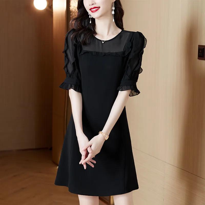 Women's Black Elegant A-Line Dress Sheer Mesh Ruffle Half Sleeve Round Neck Casual Party Mini Dress