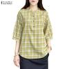ZANZEA Women Casual Round Neck 3/4 Sleeve Loose Grid Print Blouse