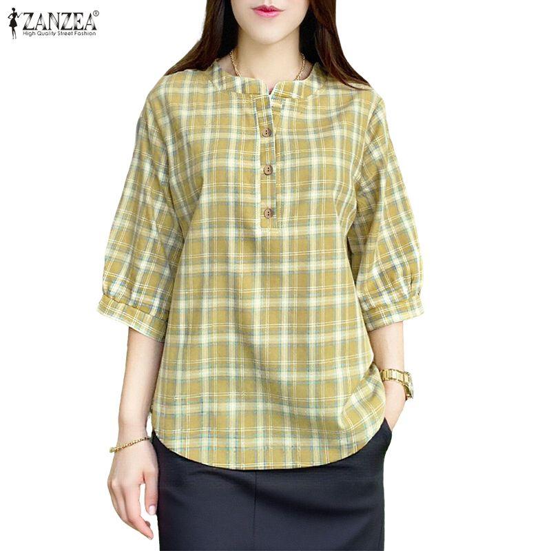ZANZEA Women Casual Round Neck 3/4 Sleeve Loose Grid Print Blouse