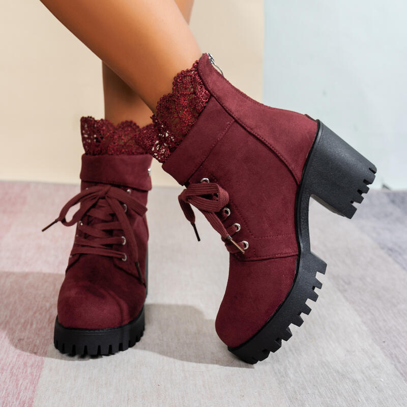 Sexy Lace Patchwork Thick Bottom High Heel Ankle Boots Chunky Platform Thick Heel Suede Short Boots Retro Wine Red Women's Shoes
