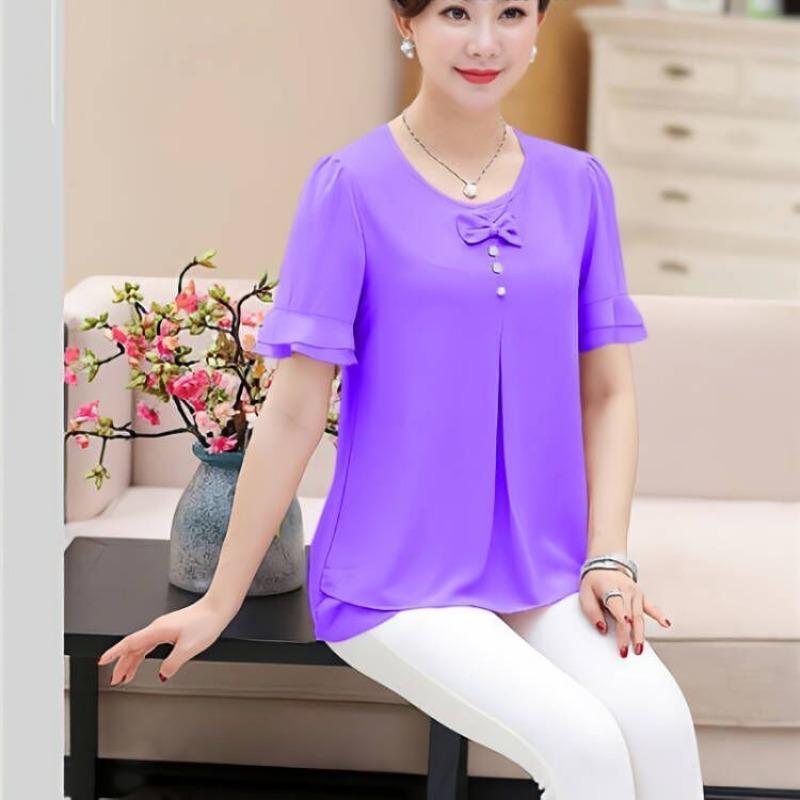 Summer Middle-aged Women's Top Plus Size New Summer Women's Loose Short Sleeved T-shirt Chiffon Shirt
