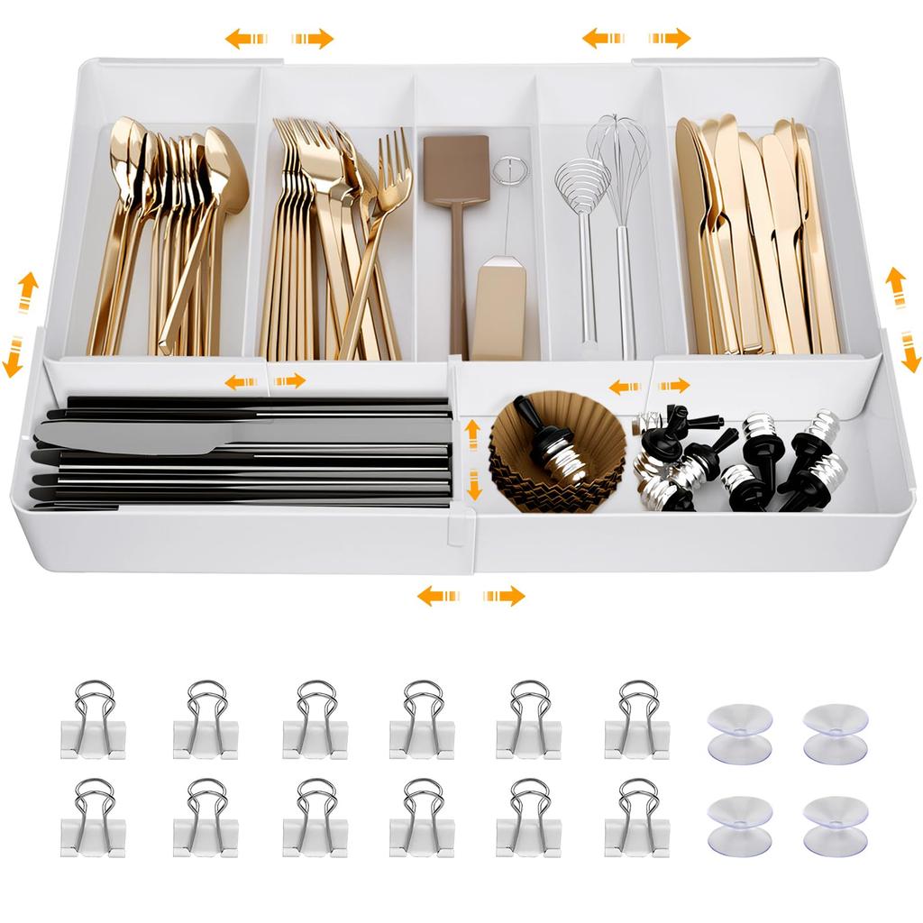 Extendable Cutlery Kitchen Storage Drawer Cutlery Chopstick Spoon Knife Item with Extendable Fixing Clips Suction Cups Case, Divider, Holder, Storage,