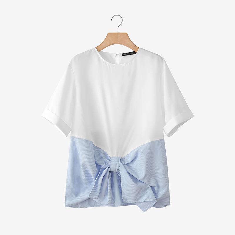 

ZANZEA Women Casual Round Neck Short Sleeve Stripe Splice Loose Blouse M синий