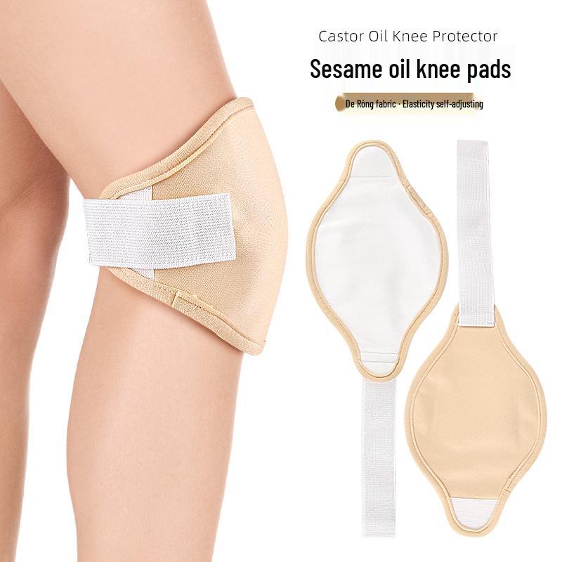 Reusable Castor Oil Knee Pad with Adjustable Elastic Compression Strap in Skin Tone Fleece