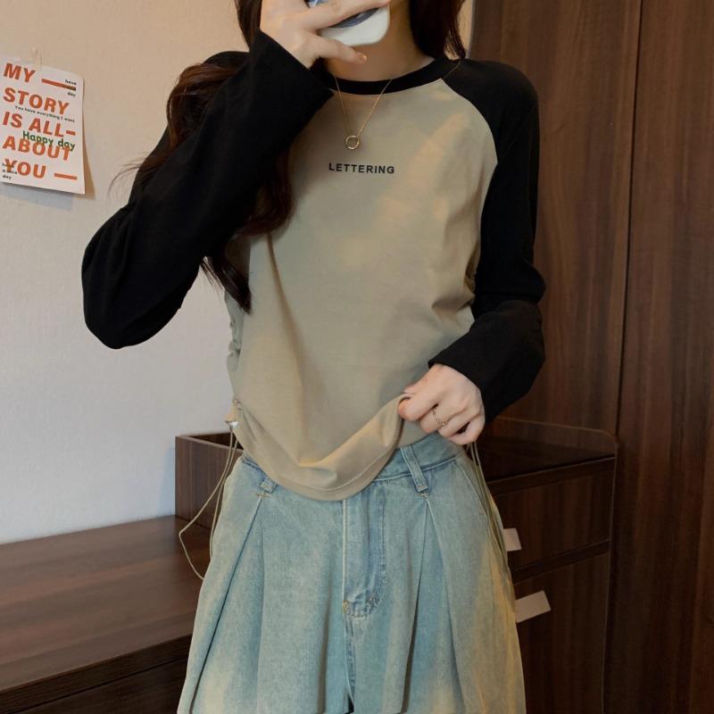 

Футболка с круглым вырезом и длинным рукавом на правом плече для женщин, новая осенняя рубашка 2024 года с контрастным цветом, реглан, завязка на талии, верхняя и нижняя части XL