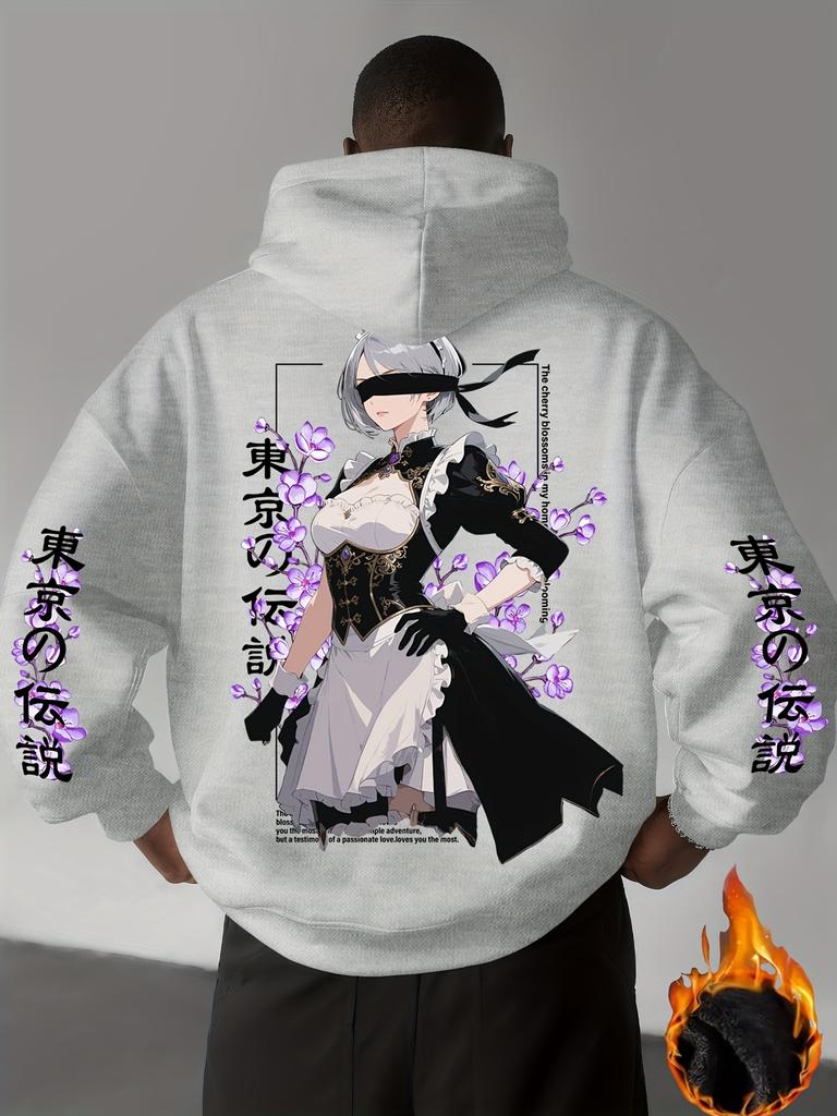 Men's Autumn/Winter Casual Sports Street Style Comic Fighting Maid Print Warm and Comfortable Hooded Sweatshirt