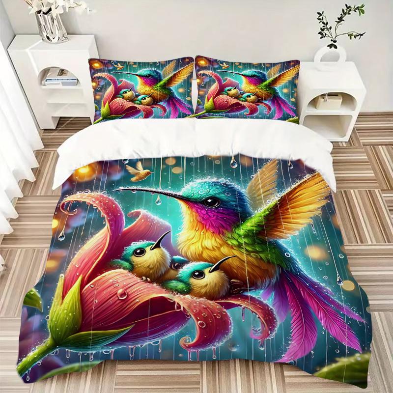 3pcs Rainbow Hummingbirds Bedding Set - Includes 1 Quilt Cover and 2 Pillowcases, Comfortable Bedding with Stylish Design for Bedroom, Machi