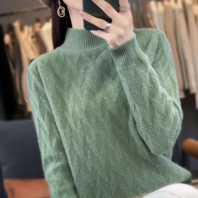 Women's Autumn & Winter Seven-Needle Jacquard Pullover Sweater - Half-High Collar, Thick Knit Base Layer