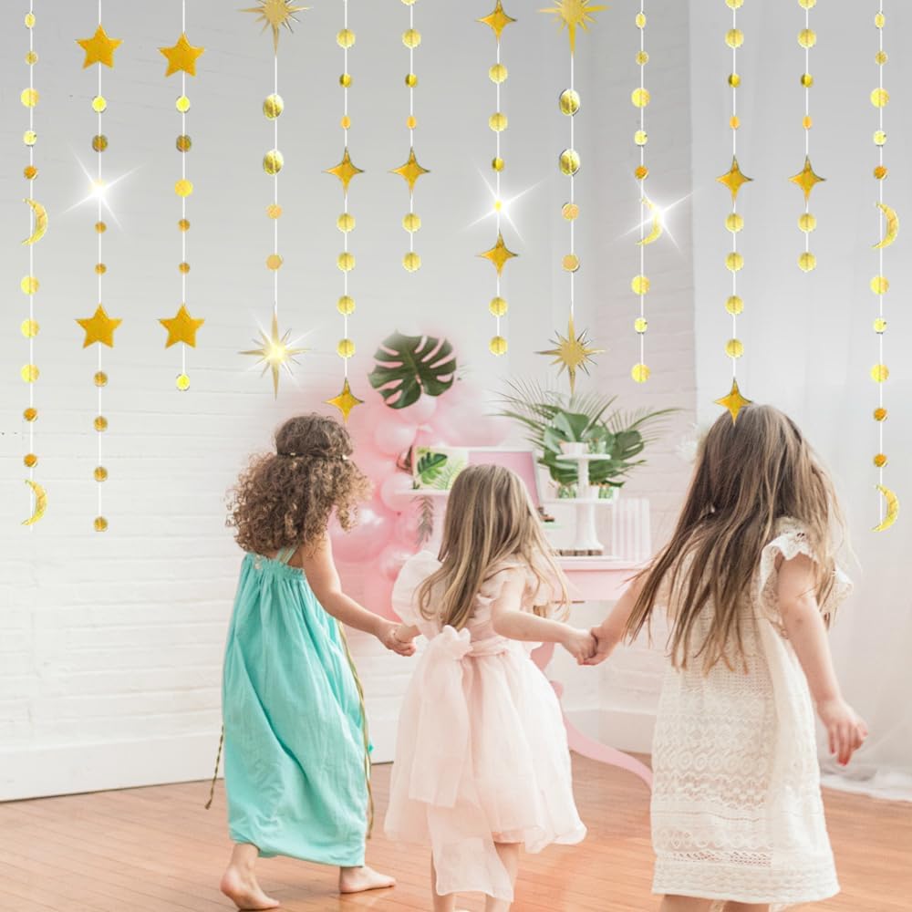 92FT Gold Moon Star Garland, Sparkly Crescent Moon & Star Hanging Decor for Ramadan Eid Mubarak, Birthday Party Supplies, Wedding Baby Shower