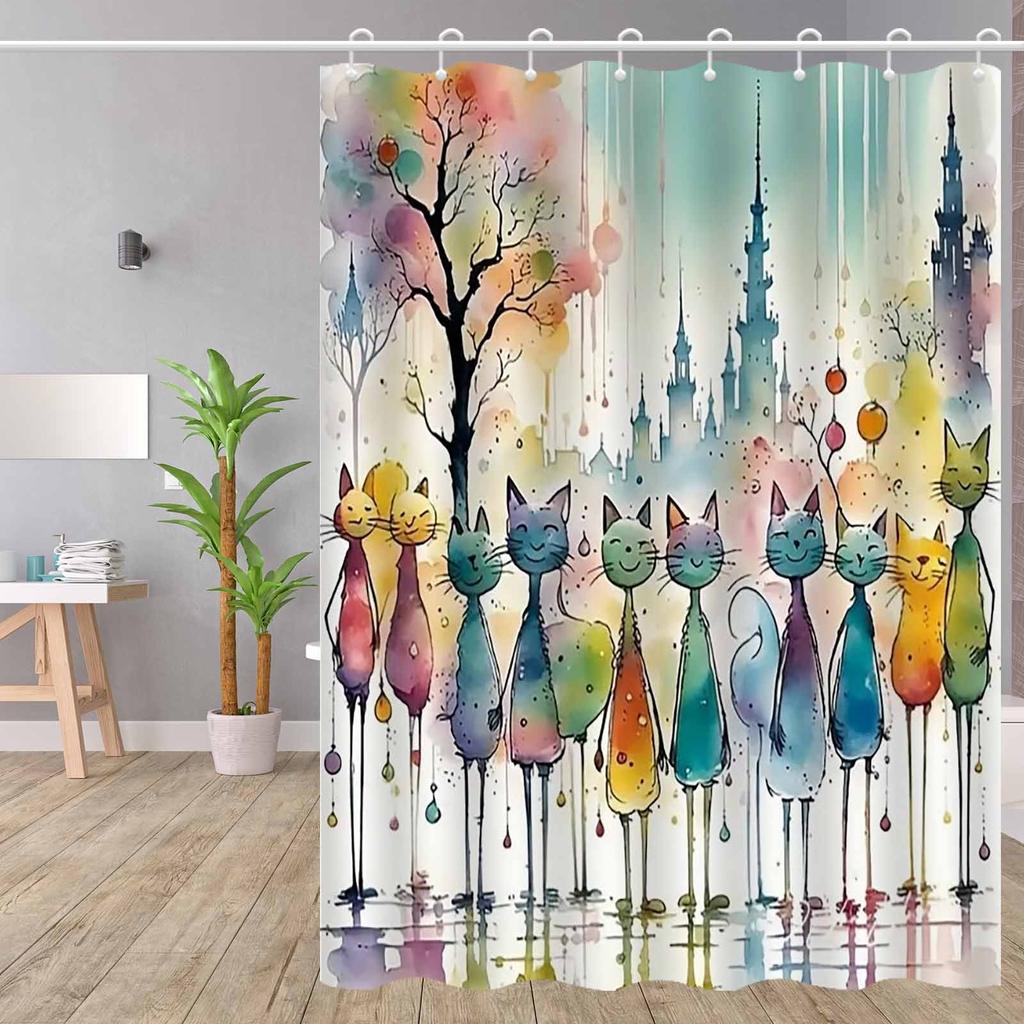 Washable Waterproof Shower Curtain With Hooks Easy Installation Anti-Mildew Cute Simple Design For Home Hotel Dorm Apartment