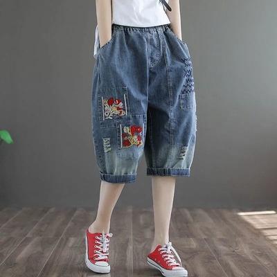 Harun Denim Short Women High Waist Seven Loose Thin Retro Embroidery Hole Wide Leg Pants Plus Size