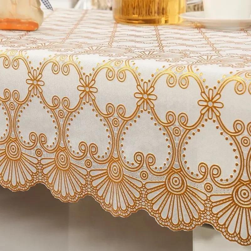 Waterproof Tablecloth Household Rectangular Oilproof PVC Plastic Tablecloth Golden Bronzing Printing Table Cover Table Mat Nappe