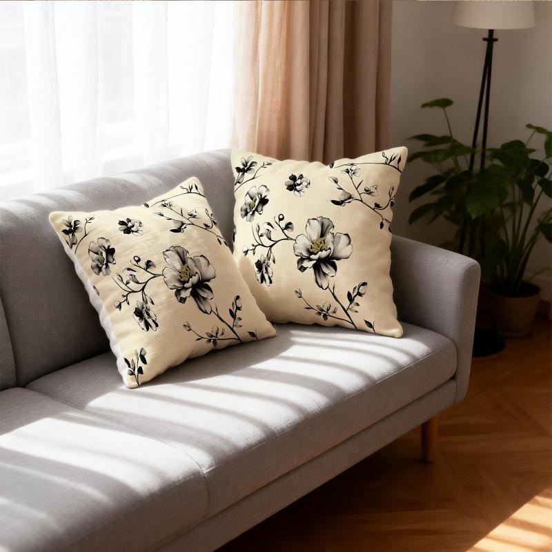 Throw Pillow Cushion Accent Pillow With Core 18.18 Inch Soft Fabric Black White Floral Print For Adult Sofa Bedroom Decor