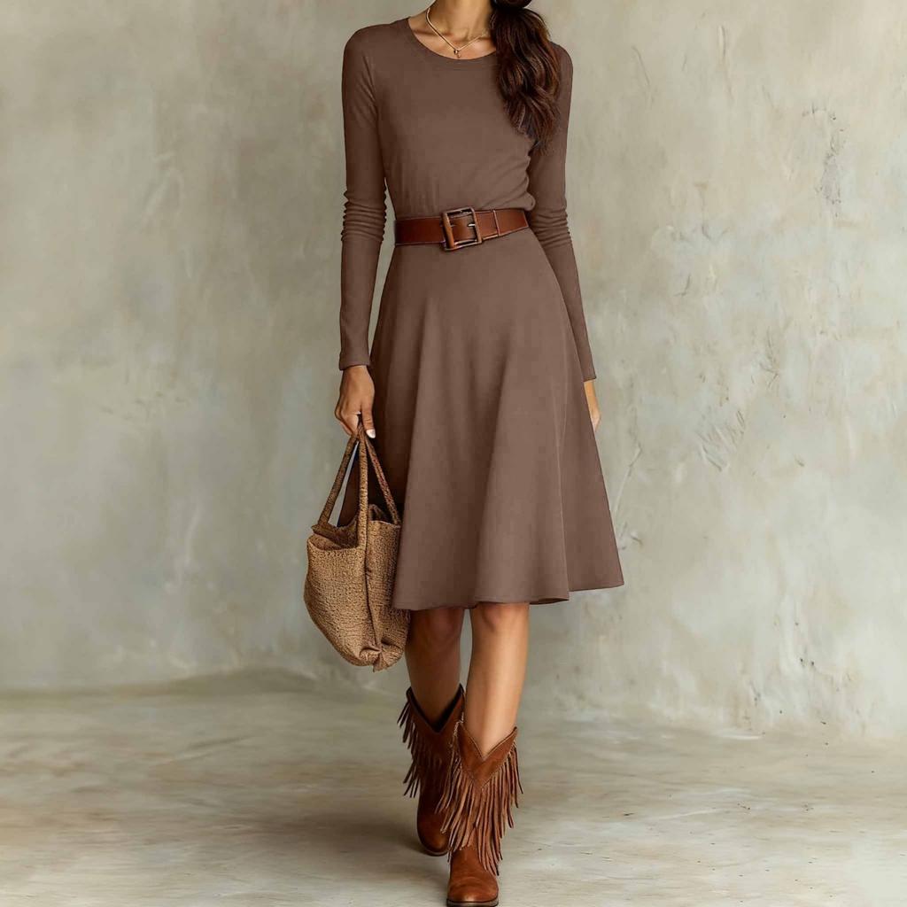 Fashionable Women's Elegant Western Round Neck Knitted Long Sleeved Spring And Dress
