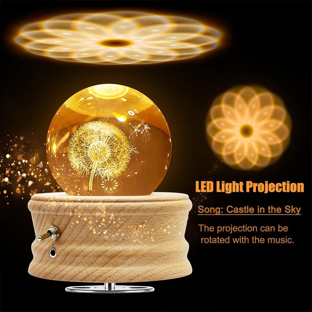 3D Crystal Ball Music Box with Projection LED Light and Rotating Wooden Base, Gift for Birthday, New Year, Valentine's Day, Music Boxes for Women Mom